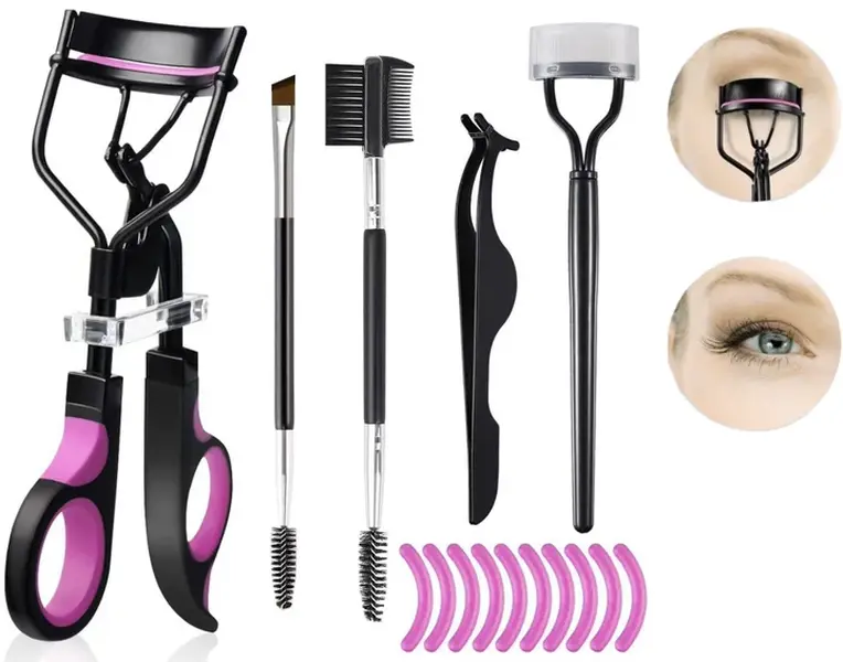 Professional Eyelash Curler Kit with Steel Comb for Lash Clusters, No-Pinch Design with Silicone Pads, Tweezers & Spoolie