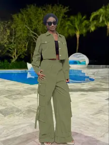 Two-Piece Set Women's Solid Button Front Crop Jacket & Pocket Cargo Pants, Casual Fashion Cozy Outfits for Daily Outdoor Wear, Ladies Clothes for All Seasons