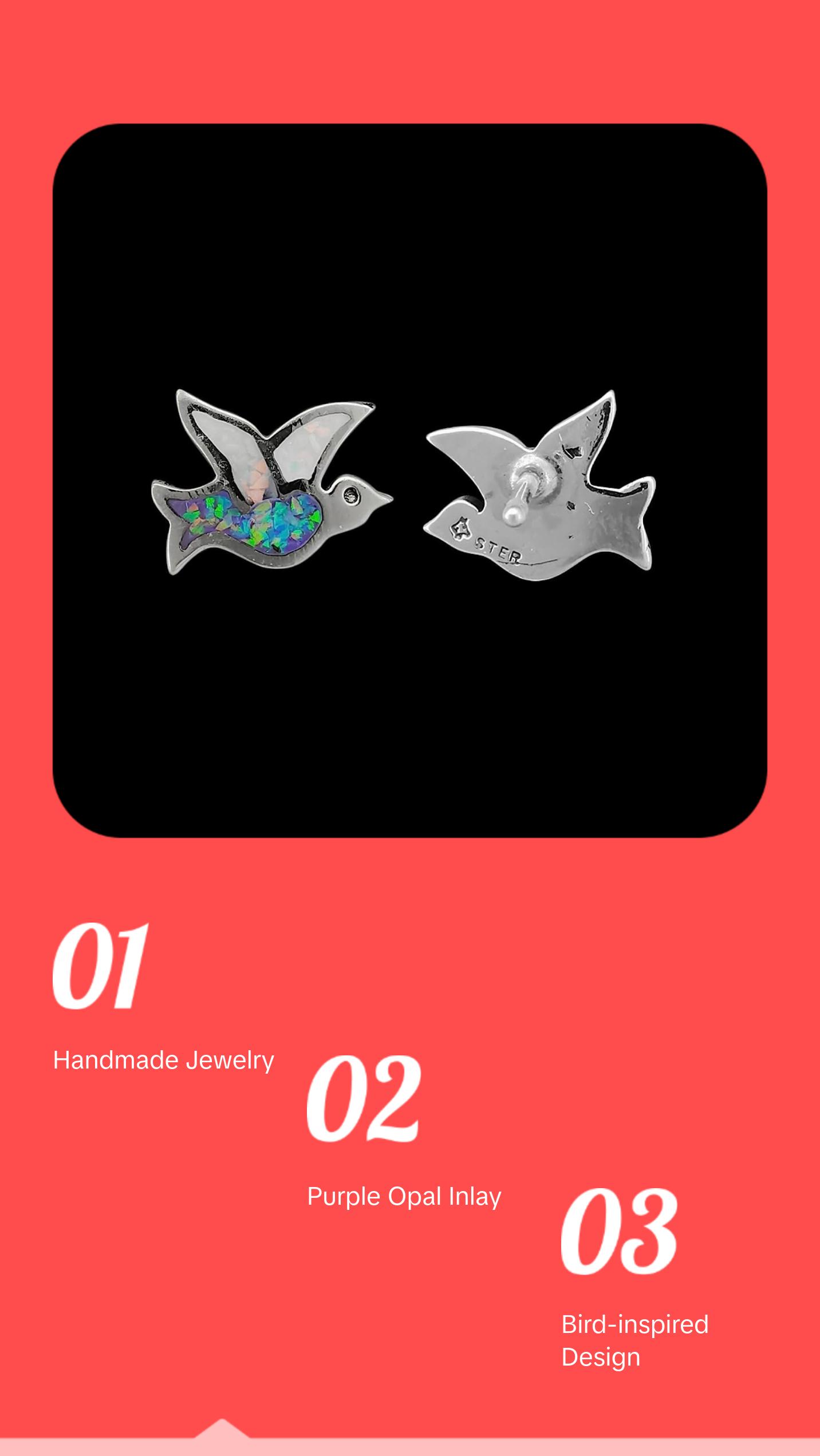 925 Sterling Silver Purple & White Fire Opal Sparrow Stud Earrings, Handmade Avian Post Earrings, Handcrafted Bird Jewelry