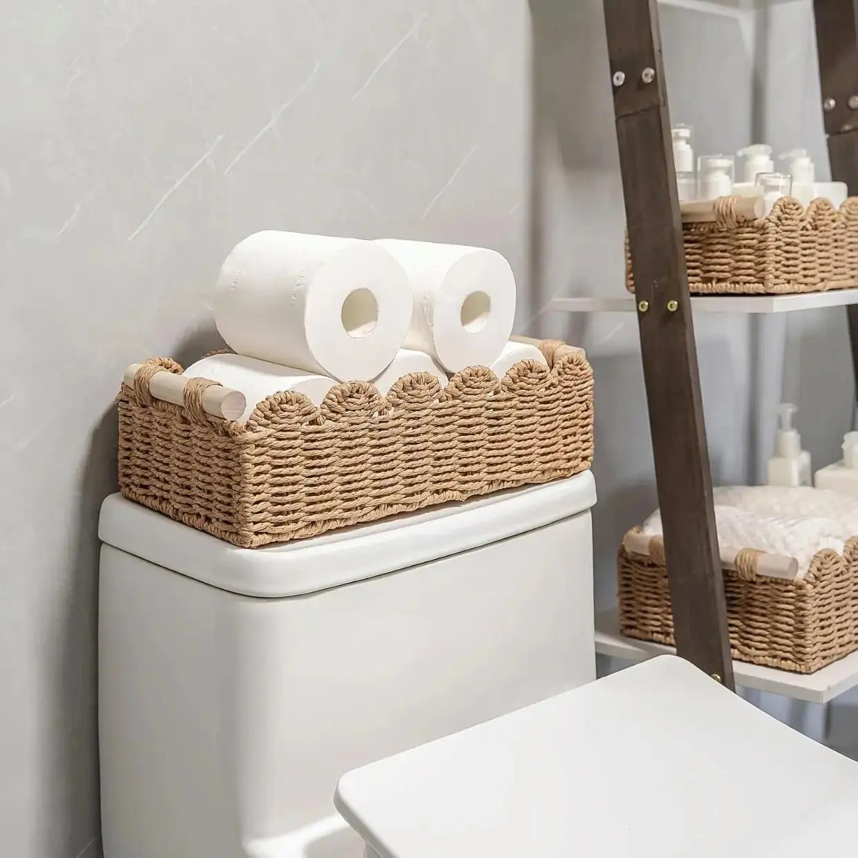 Handwoven Decorative Storage Basket, Baskets for organizing, with Fan Edge Design, Rattan Basket, Natural Material for Toilet Tank Top Shelf, Back of Toilet Basket, Home Decor Accessories, Bathroom Organizer, Toiletries Basket