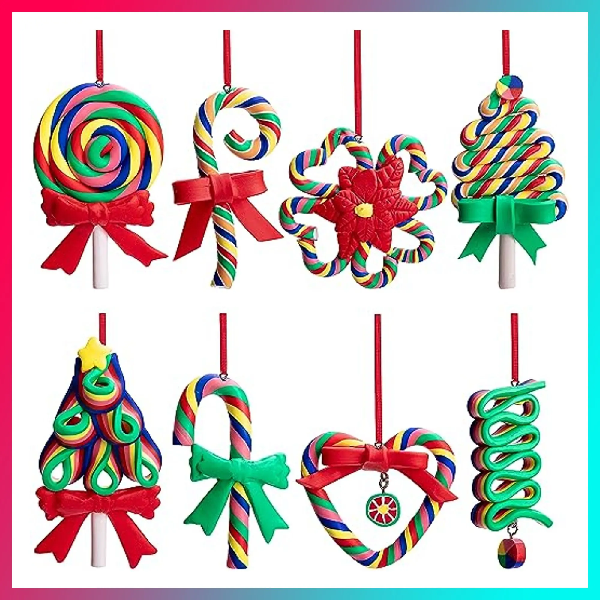 codree 8 Pcs Christmas Lollipop Ornaments- Rainbow Candy Cane Hanging Ornaments for Christmas Tree- Christmas Candies Polymer Clay Ornament for Xmas Tree Party Decoration