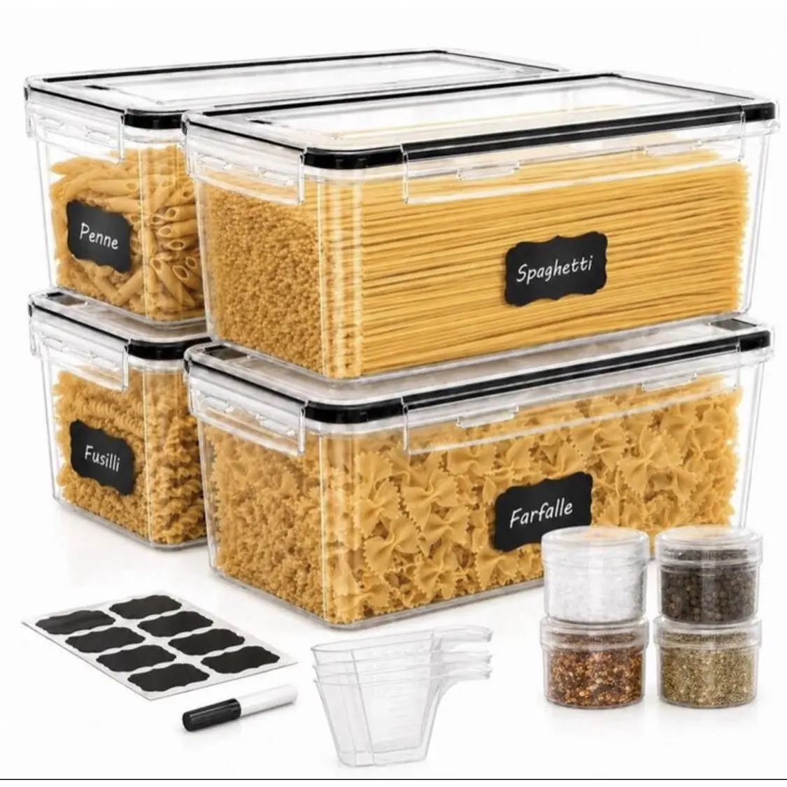 8PCS Airtight Food Storage Containers Set 4 Containers 4 Lids Dishwasher Safe Pasta Storage Canisters for Spaghetti Noodles Cereal Flour Snacks Dry Food Leakproof Stackable Kitchen Pantry Organizer Jars with Scoops Labels Marker