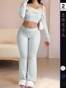 Women's Two-Piece Set, Off-The-Shoulder Long Sleeve Crop Top & Pants, Solid Color for Casual Wear, Stylish Women's Clothing,Airport Outfit