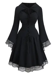 Women's Plus Size Bow Tie Hooded Square Neck Lace Casual Dress, Slim-Fitting Long Sleeve Spring Summer New, Elegant Feminine Plain Style Womenswear