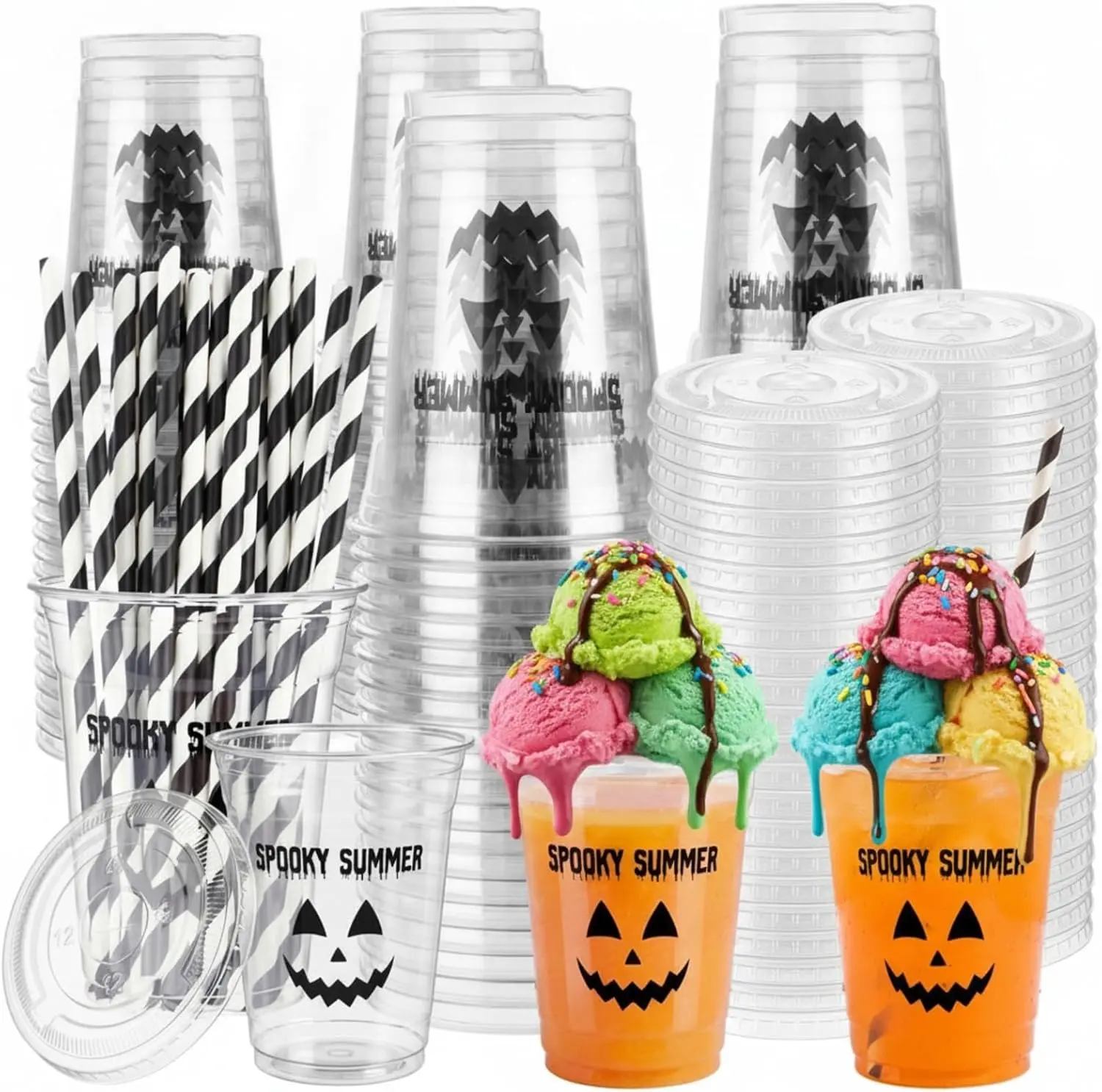 Halloween Fall Gift 60 Pcs Summer Halloween Disposable Plastic Cups with Lids and Straws 12oz Cold Beverage Drinking Cups for Summer Decorations Hawaii Halloween Party Favors