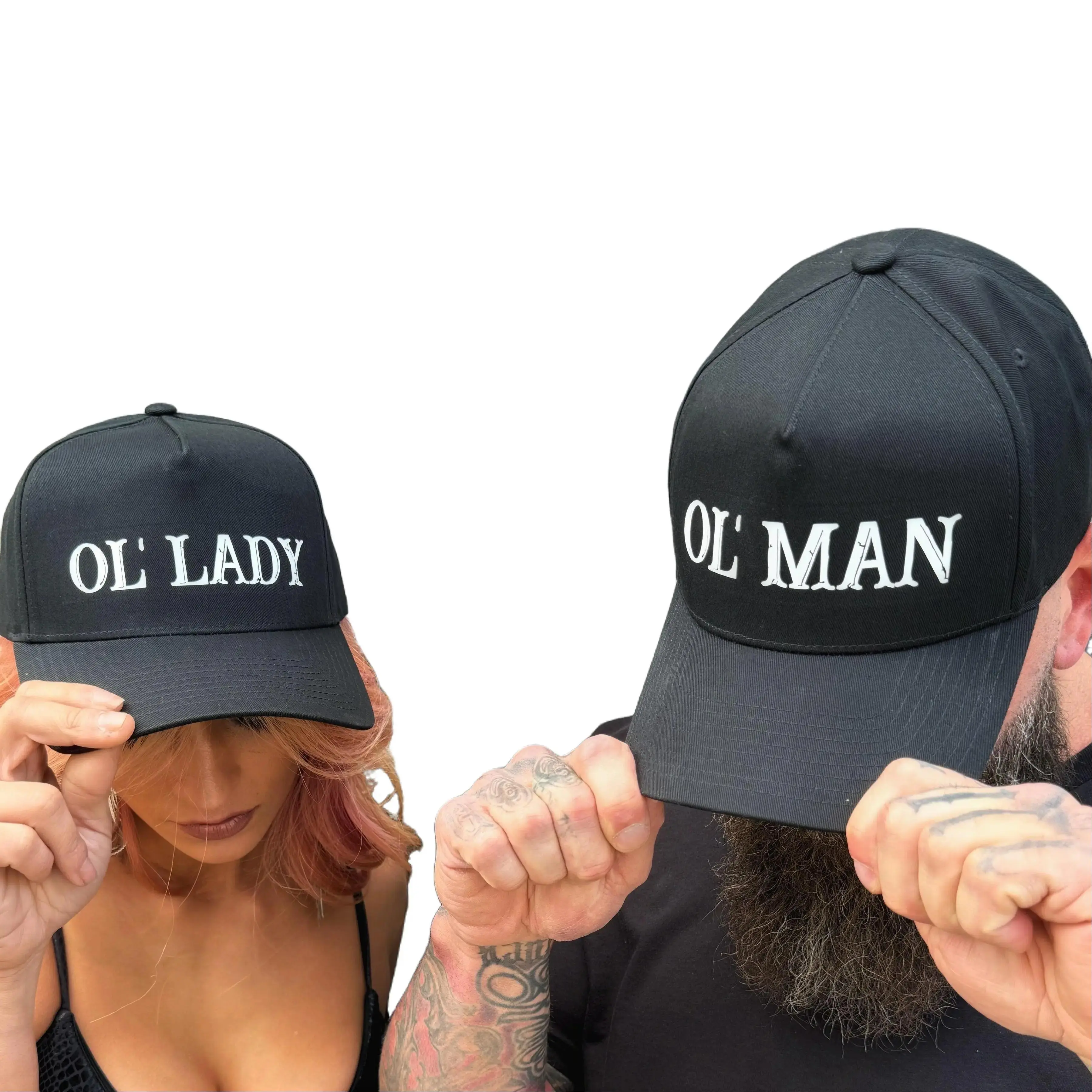 The Drive Clothing- THE OUTLAW DUO RETRO BLACK HAT Cotton Snapback Ol Lady Ol Man One Size Fits All Curved Bill 100% Cotton Structured Five Panel High Profile Permacurv Visor