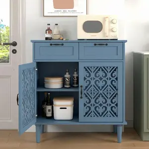 YourNook Vintage Carved Storage Cabinet, 2 Drawers & 2 Doors Accent Buffet Cabinet with Adjustable Shelves, Ornate Hollow Sideboard Credenza for Living Room Dining Room Entryway