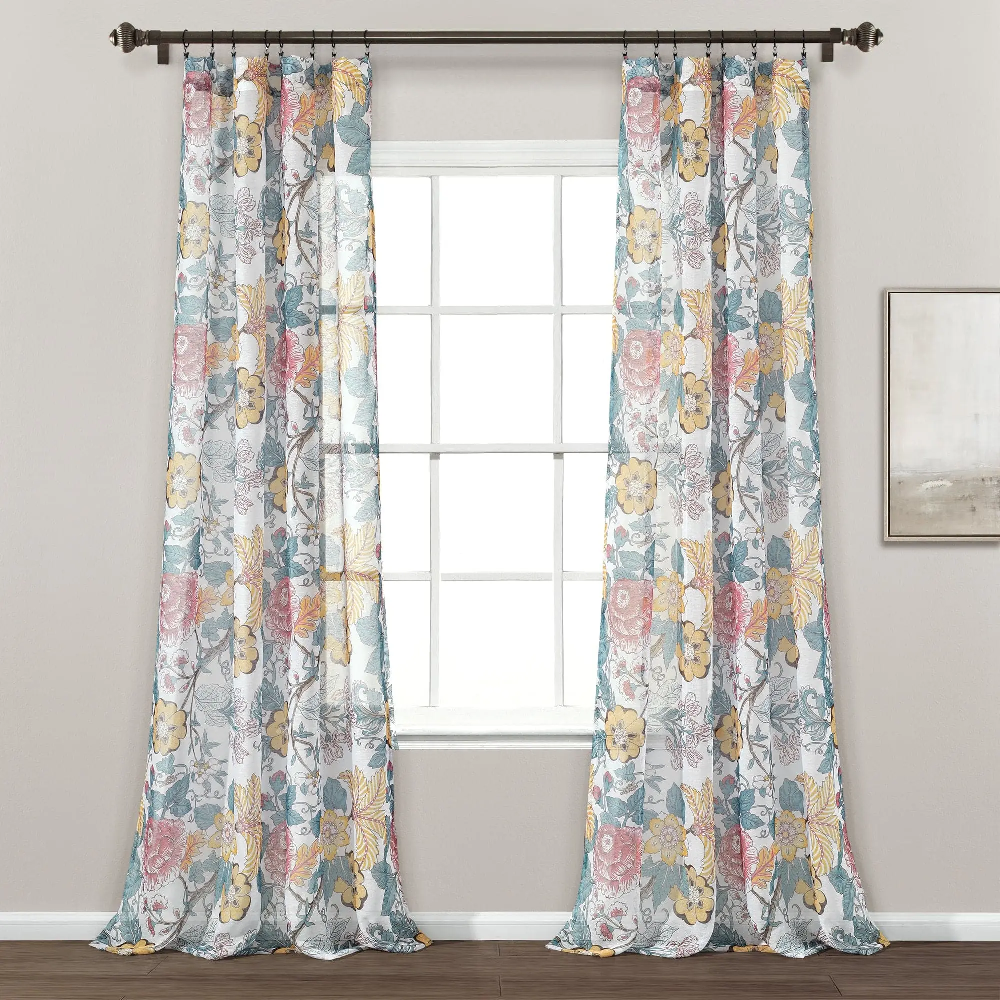 Lush Decor Sydney Sheer Window Curtain Panel Set with Floral Design and Lightweight Fabric
