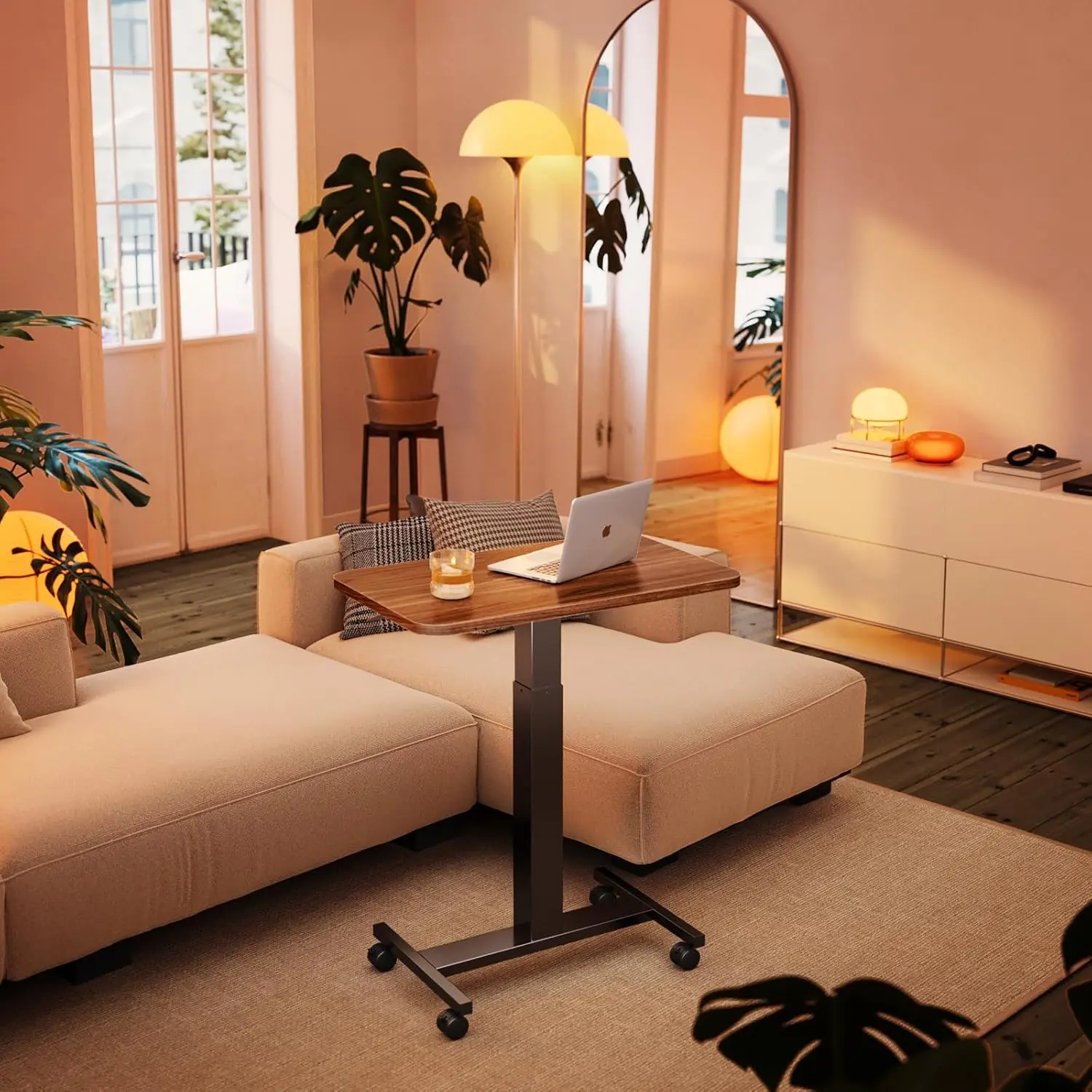 Portable Rolling Height Adjustable Desk - Ergonomic Flexible Mobile Rolling Desk with Locking Casters, T-Base Stand, Sit-Stand Workstation for Bedside, Walnut Finish, Adjustable Desks, Ergonomic Desks