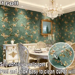 1 roll, floral 3D embossed self-adhesive wallpaper, easy to peel and stick, removable, suitable for smooth, clean surfaces. Ideal for walls in living rooms, bedrooms, kitchens, dining rooms, etc., and a DIY essential for furniture renovation.