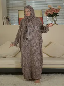 leopard print hooded prayer dress with hat elegant long sleeve maxi muslimwomens clothing Hijabi Cute Dresses Modest Muslim Outfits