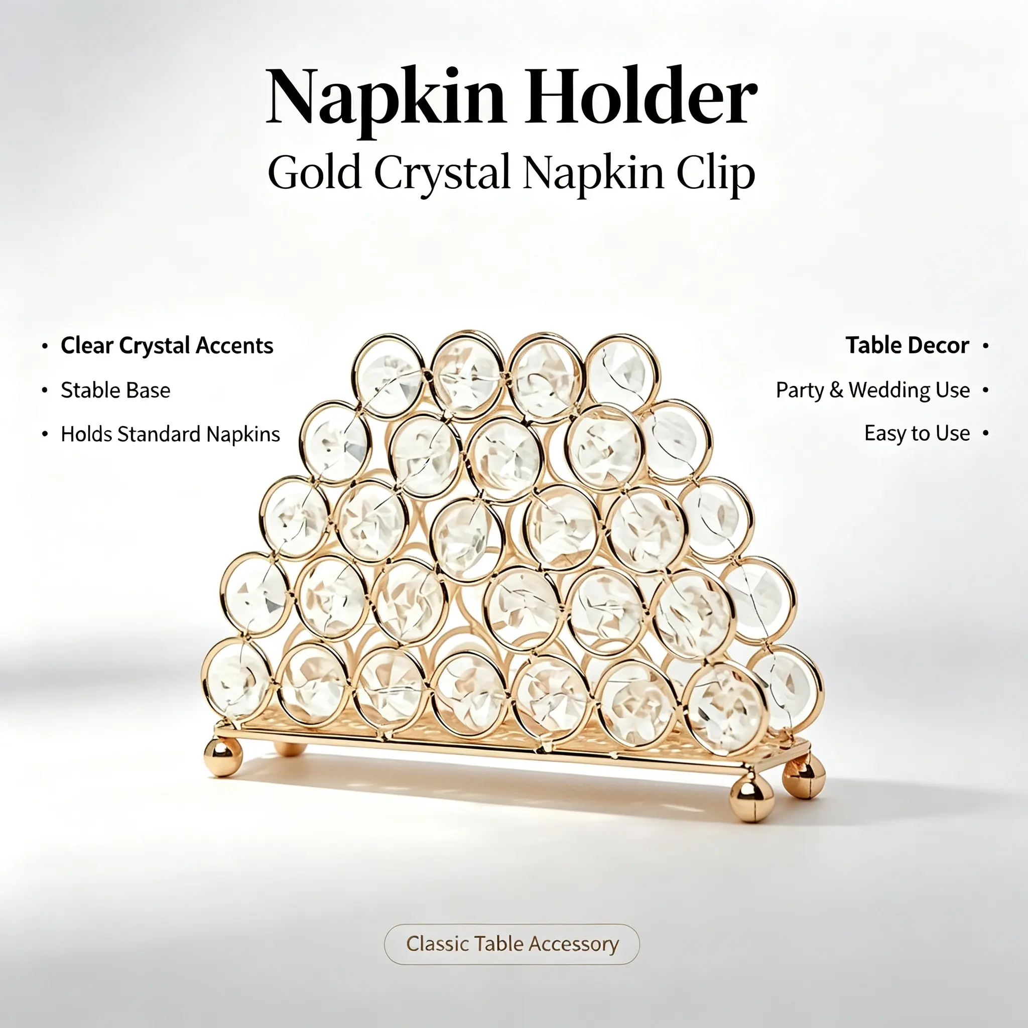 Luxurious Gold Crystal Metal Napkin Holder with Clips - Single Unit Napkin Storage Dispenser, Bathroom Tissue Storage Rack Gadget, Wedding Glam Home Tabletop Accent