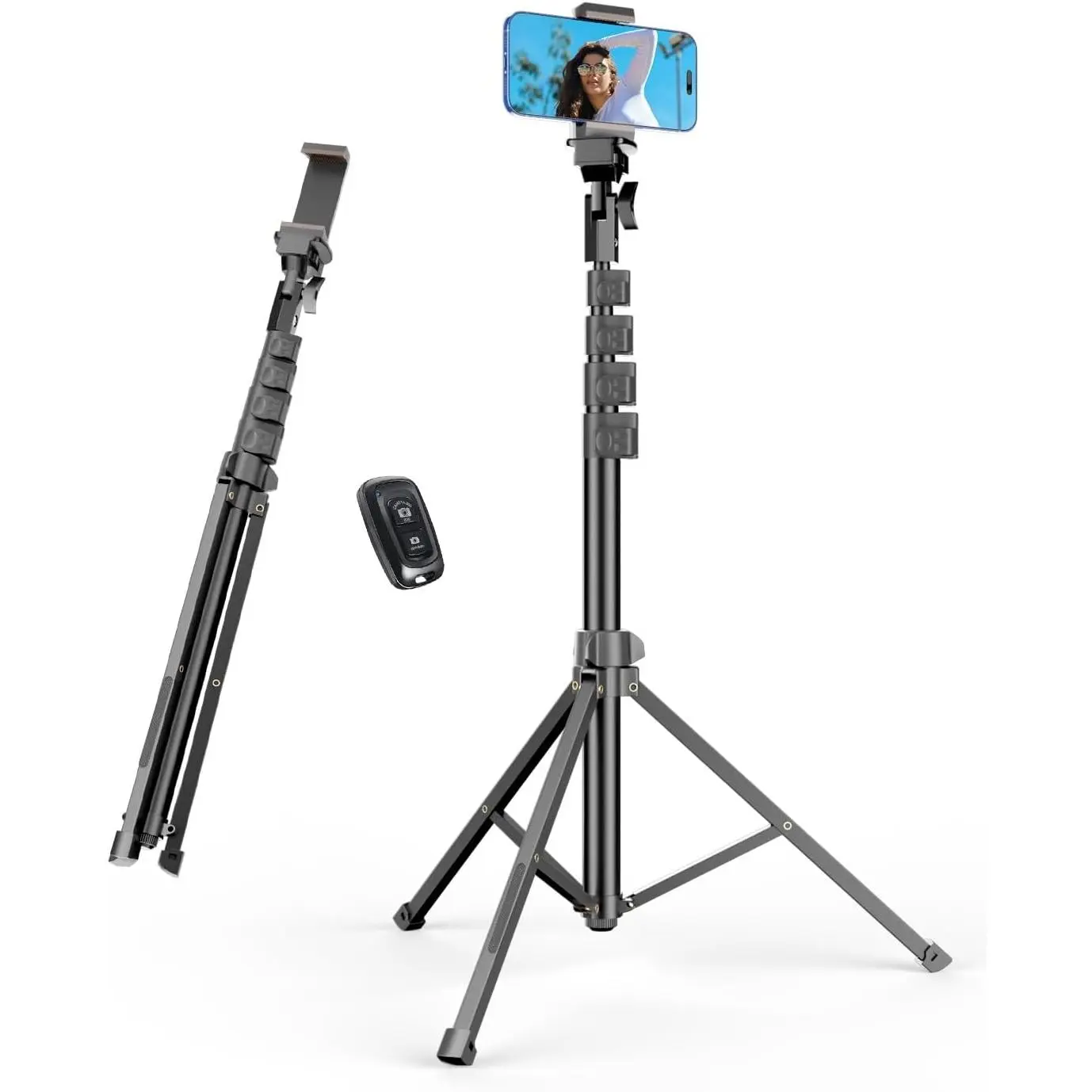 62'' Cell Phone Tripod Stand, Adjustable Floor Cellphone Tri Pod Holder with Remote for  and Android, Portable Compact Smartphone Selfie Stick for Video Recording Camera Ring Light Filming