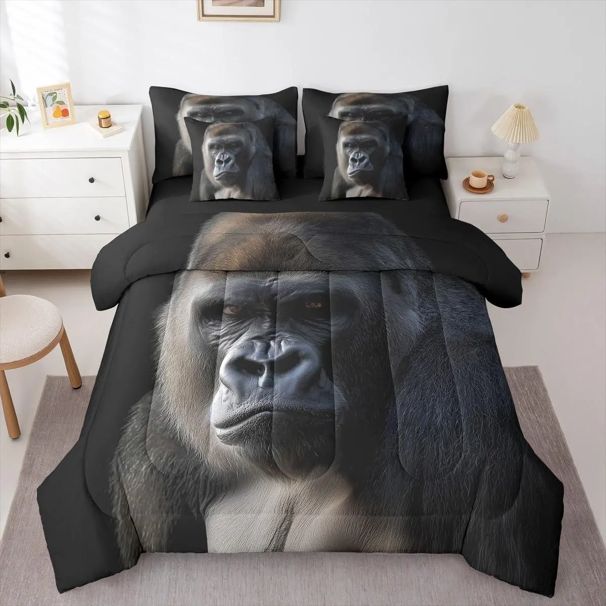 Monkey Comforter Set,Chimpanzee 7 Pieces Bedding Ape Tropical Wildlife Animal Bed Set,Kids Boys Girls Teens Adult Bed in A Bag