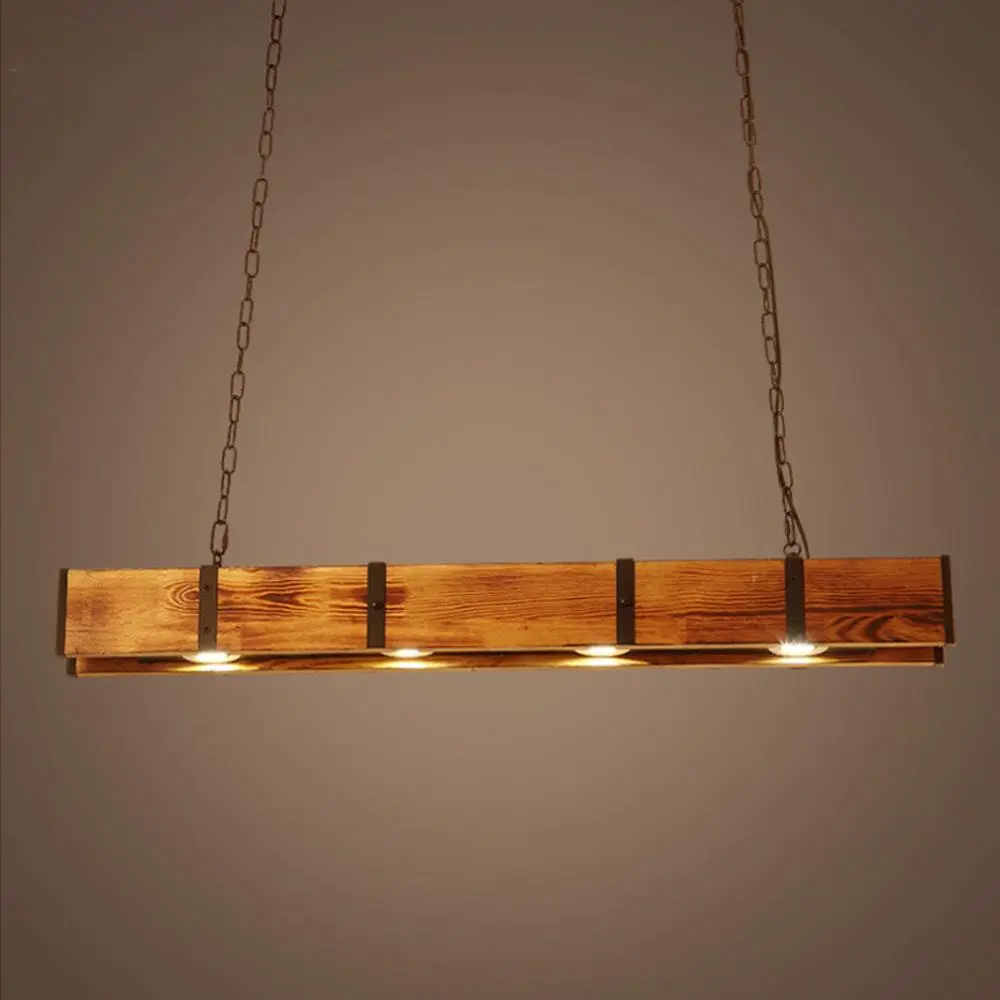 100cm Retro-Industrial Wooden-Iron Long Pendant LED Light - Adjustable Height Farmhouse Home Decoration Lamp, Indoor Ceiling Led Lights for Restaurants