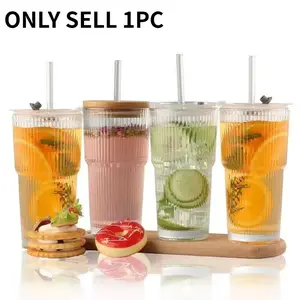 Large Capacity Striped Glass Cup with Lid and Straw, Multi-Purpose Reusable Glass Cup, Hand Wash Only, Ideal for Cold Drinks, Juice, Coffee, Leakproof Tumbler
