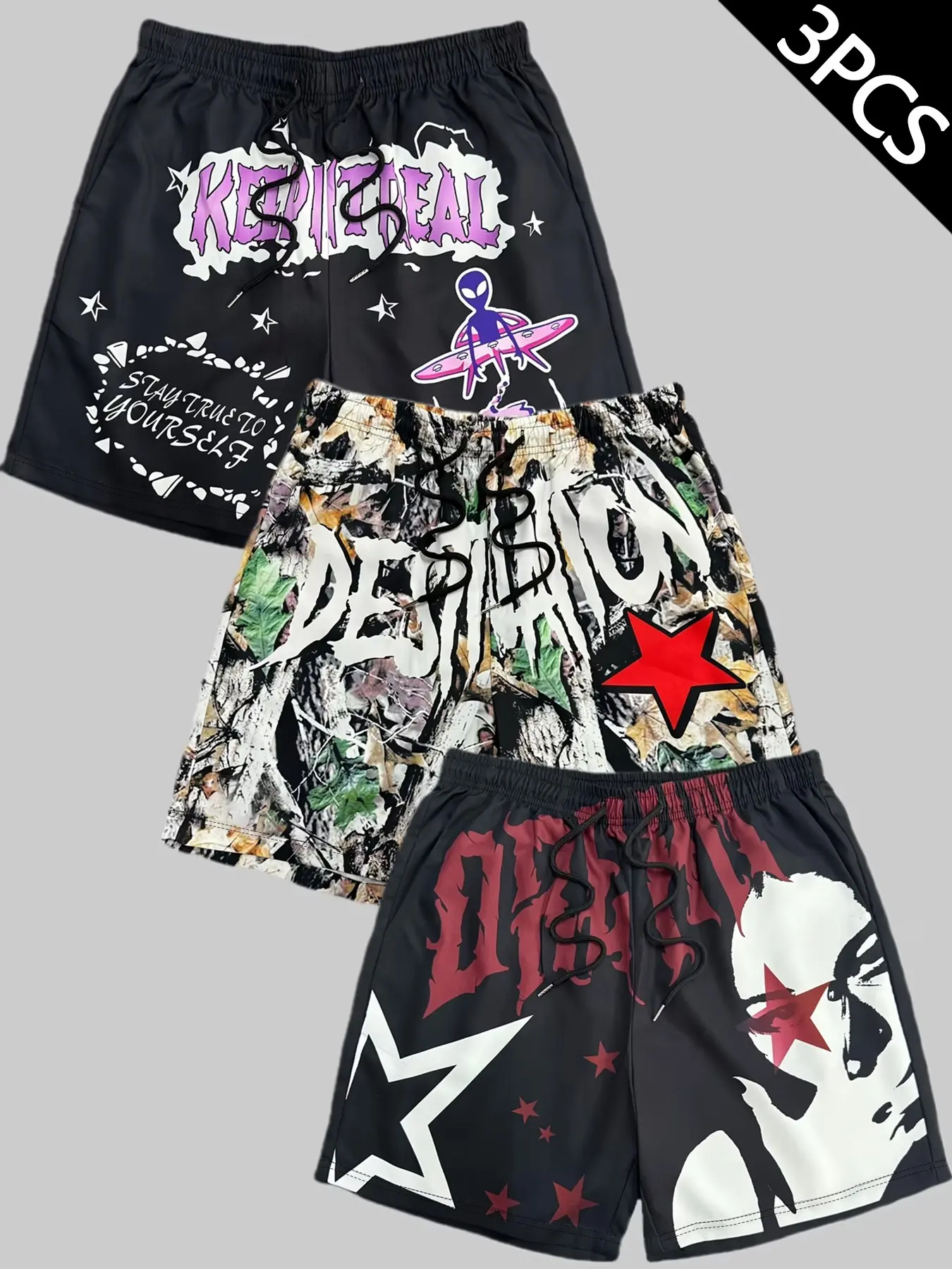 3-Pack American Street Graffiti Gym Shorts for Men, Summer High-Street Trendy Loose-Fit Five-Pocket Pants, Casual Striped Design, Fashionable Summer Shorts