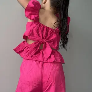 Two-Piece Set Toddler Girl's Solid Ruffle Trim Top & Wide Leg Pants Set, Casual Elegant Square Neck Top & Trousers for Daily Outdoor Wear, Kids Clothes for Summer, Fashion Style Sets