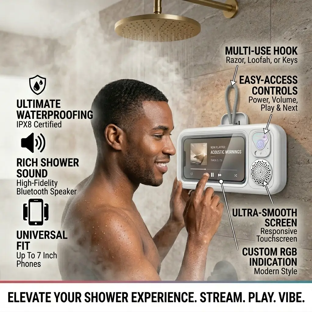 Shower Phone Holder IPX6 Waterproof with Wireless Bluetooth Speaker, 480 Rotation Phone Case Speakers for 4"- 7" Cell Phones, Hands-Free Shower Speaker, Wall Mounted Phoneholder for Mirror