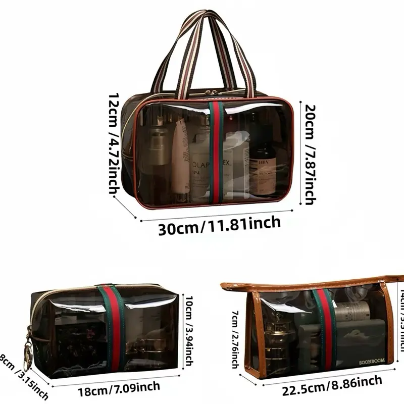 3PCS New Retro Vintage Vanity Bag, Large Capacity Makeup Organizer for Women, Ladies Travle Storage Case, Waterproof Transparent Toiletry Bag, Portable Skincare Storage Case (Brown)