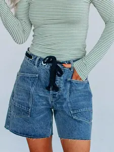 Drawstring Jean Shorts Womens Casual High Waisted Straight Leg Baggy Denim Shorts Summer Loose Fit Short Jeans Y2K
