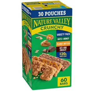 Nature Valley Crunchy Granola Bars, Value Pack, 60 Bars, 44.7 OZ Count (30 Pouches)