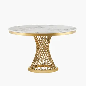 47" Round Marble Look Dining Table, 46.85 Dia. Oil-Resistant High-Gloss Faux Marble Top with Stainless Steel Base, Multi-Use for Dining Room, Kitchen (Silver, White)