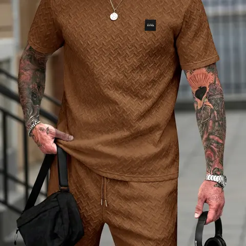 Men's Herringbone-Textured Crewneck T-Shirt & Shorts Set, Casual Sporty Breathable Summer Minimalist Aesthetic Streetwear, Menswear
