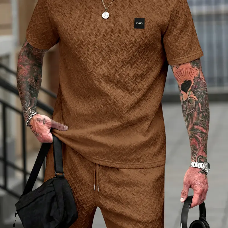 Men's Herringbone-Textured Crewneck T-Shirt & Shorts Set, Casual Sporty Breathable Summer Minimalist Aesthetic Streetwear, Menswear