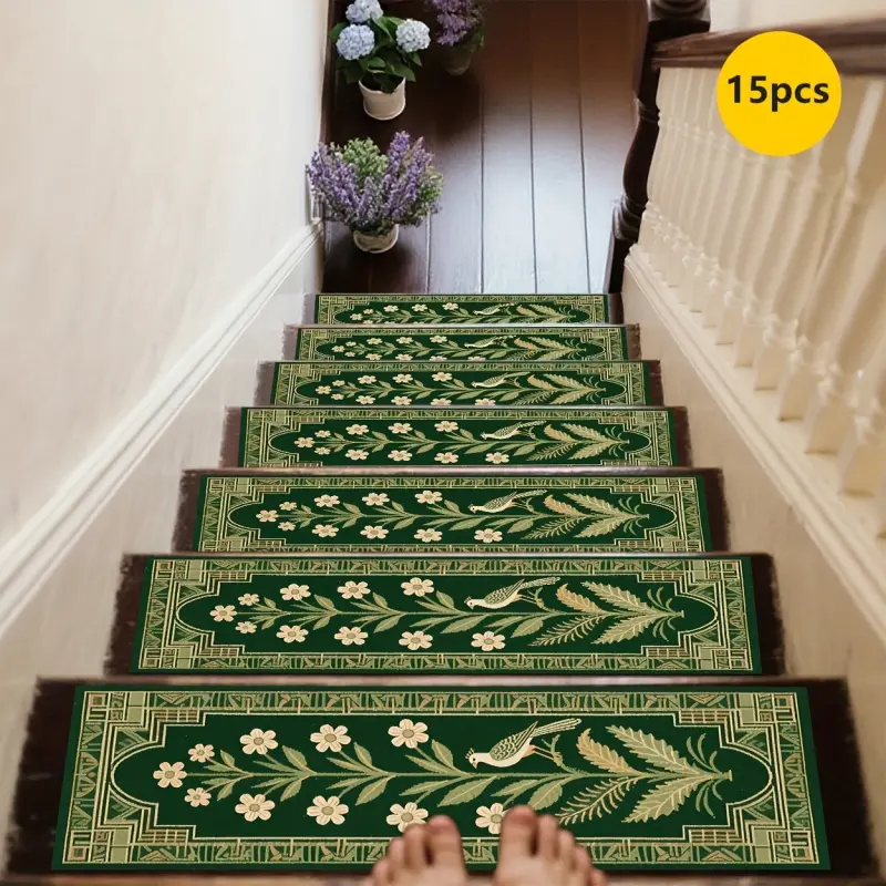 [HarleyLand][Rubber Non-Slip Bottom] 15pcs Plant Vine Pattern Printed Stair Mats, Non-Slip Stair Carpets, Step Protection Carpets, Edging Stair Mats for Home Decoration, Indoor Room Supplies Bedside Additions Suitable for Indoor/Outdoor Stairs