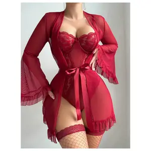 Women's 5 Piece Valentine's Day Robe Lingerie Set Floral Lace Teddy Bodysuit with Belt Robe Stockings Long Sleeve Bridal