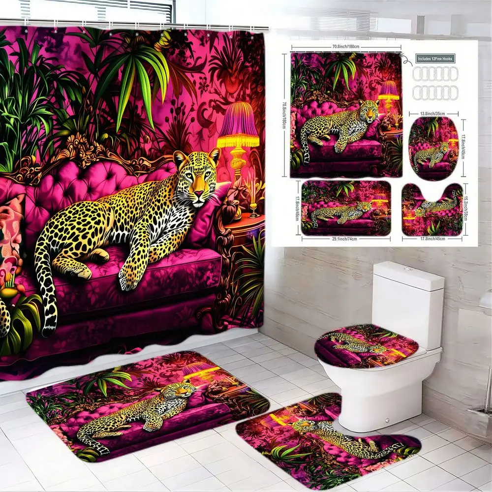 1/4pcs Tropical Leopard Shower Curtain Set - Magenta Pink Jungle Bathroom, Bathroom Decorations, Black Gold Spotted Leopard on Pink Couch with Green Foliage, Matching Toilet Lid Cover & 2 Bath Mats - Bathroom Accessories for Spring Summer Festive Vibes