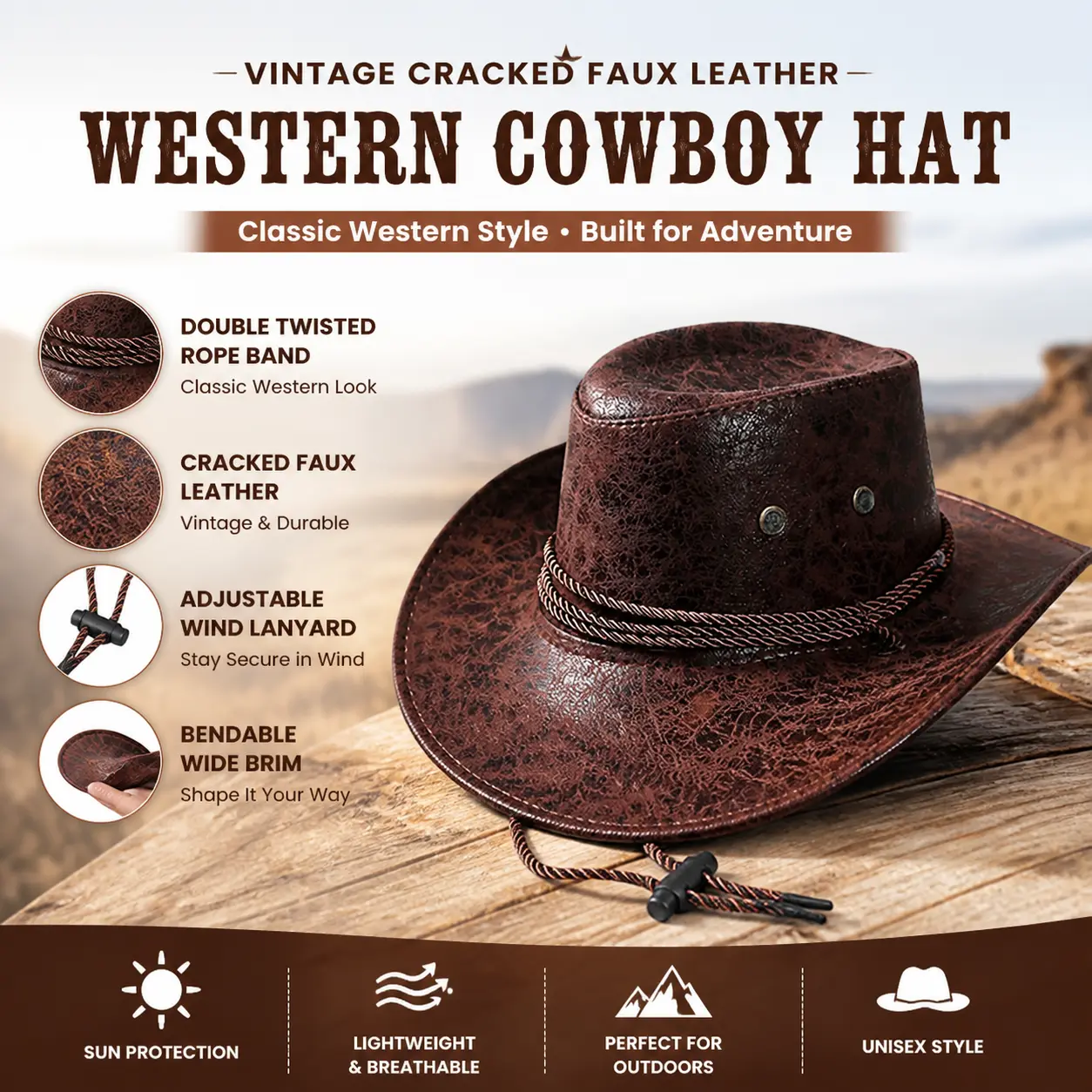 Women Vintage Cracked Faux Leather Western Cowboy Cowgirl Hat, Double Twisted Rope Band Adjustable Wind Lanyard Bendable Wide Brim Sun Hat For Beach Hiking Rodeo Travel