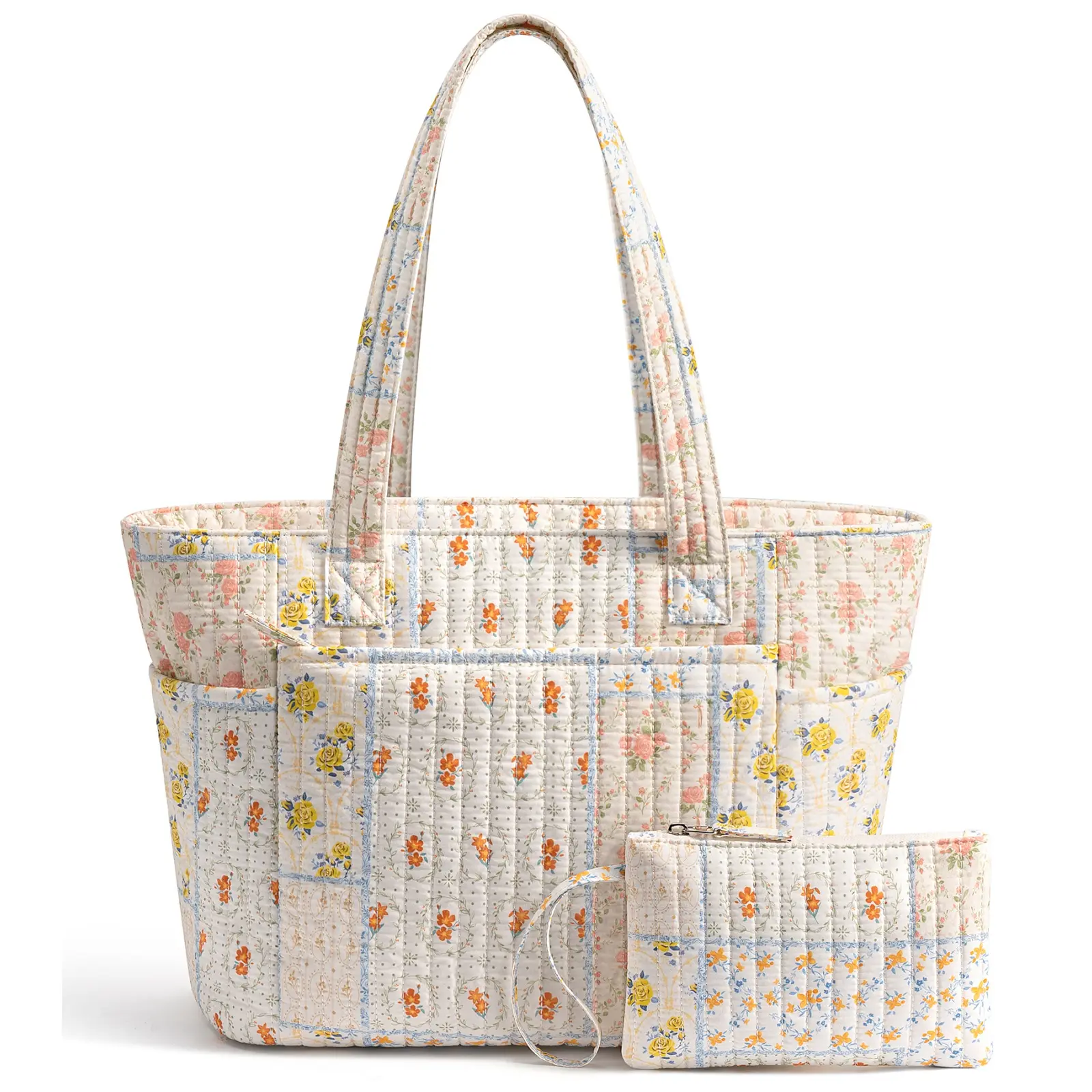 Bagstellar Cotton Tote Bag for Women, Travel/Work Tote Bag with Full-closure Zipper ,18L capacity Daily Tote for 14" Laptop,Lightweight Quilted Shoulder Bag Matching cosmetic pouch for Mom,Teacher,Nurse,College,Gym