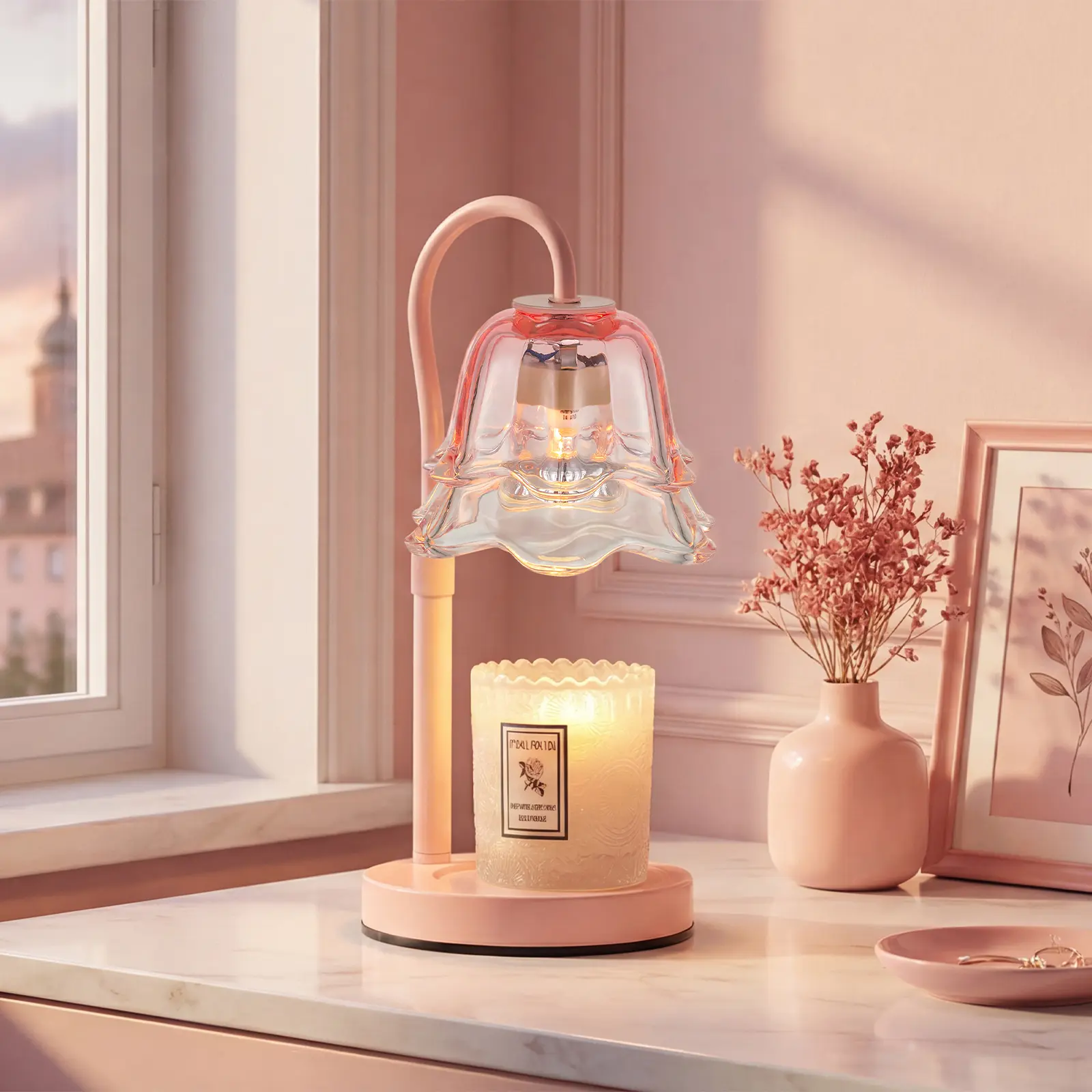 Pink Flower Candle Warmer Lamp with Timer: Candle Warming Lamp with 2 Bulbs Height Adjustable Wax Warmer Dimmable Coquette Preppy Room Home Decor Valentines Gift for Women,