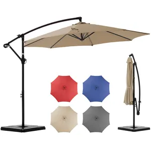 10FT Offset Patio Umbrella with Base, Cantilever Outdoor Umbrella with Crank, 8 Ribs, UV-Resistant & Vented Canopy for Patio, Pool, Garden