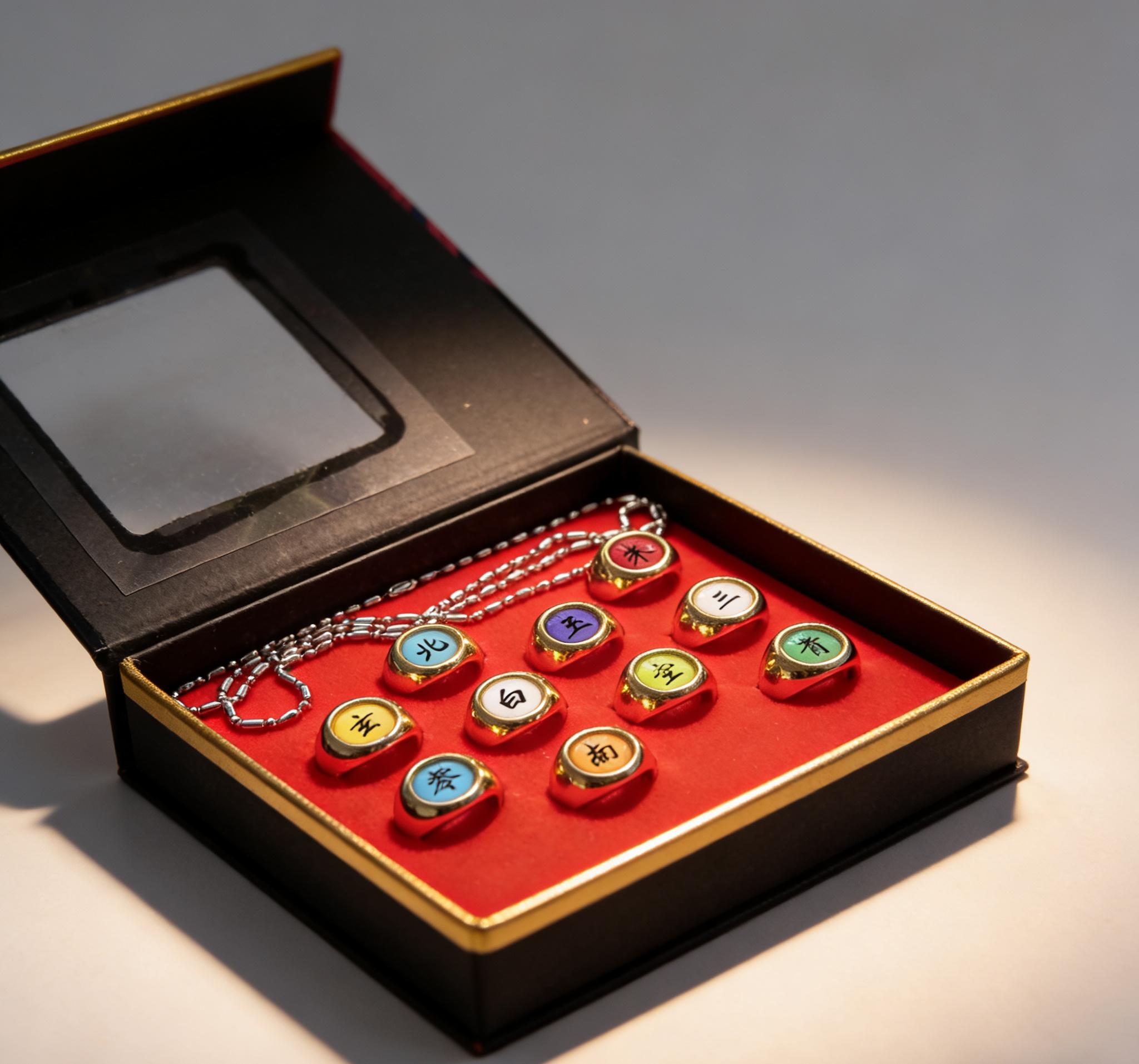 Naruto Akatsuki Rings Set 10Pcs Anime Cosplay Rings with Necklace Chain 2-in-1 Wearable Jewelry Gift for Naruto Fans