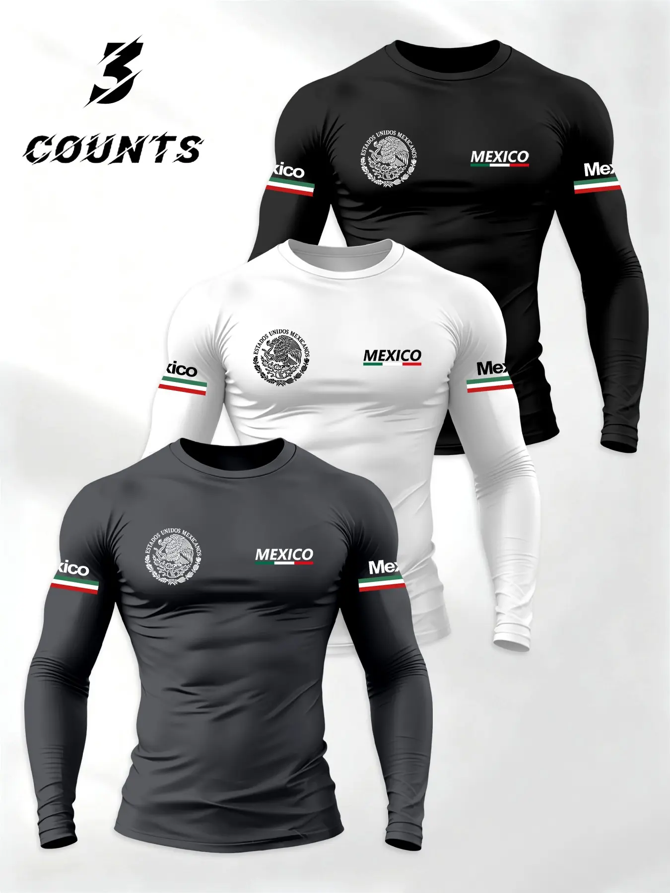 Men's Mexican Emblem Letter Print Round Neck Shirt, 3 Piece Long Sleeve T-Shirt Set, Spring & Fall Fashion Casual Wear, Menswear, Tops, Casual Fashion Clothing