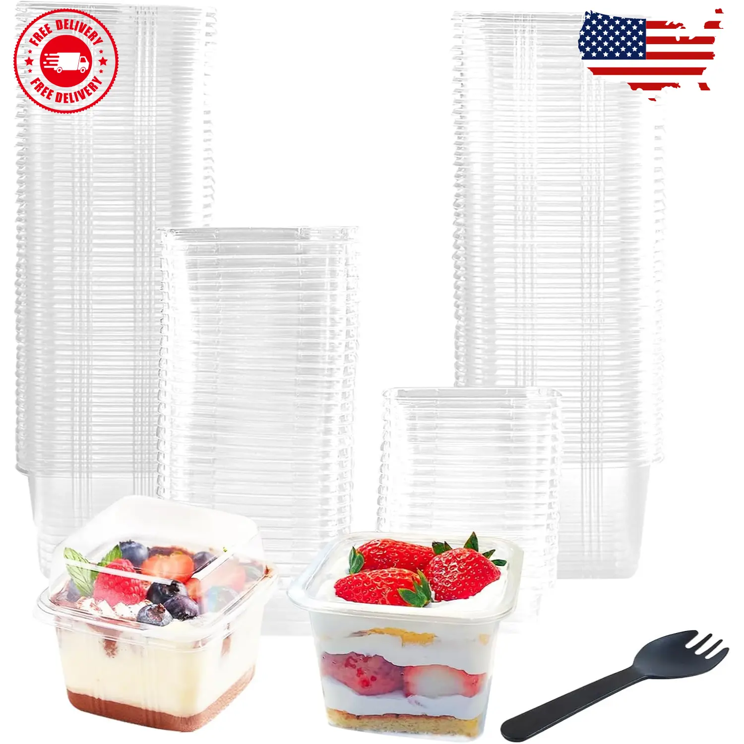 100 Pack 8OZ Plastic 50Pcs Square Dessert Cups （50Sets）