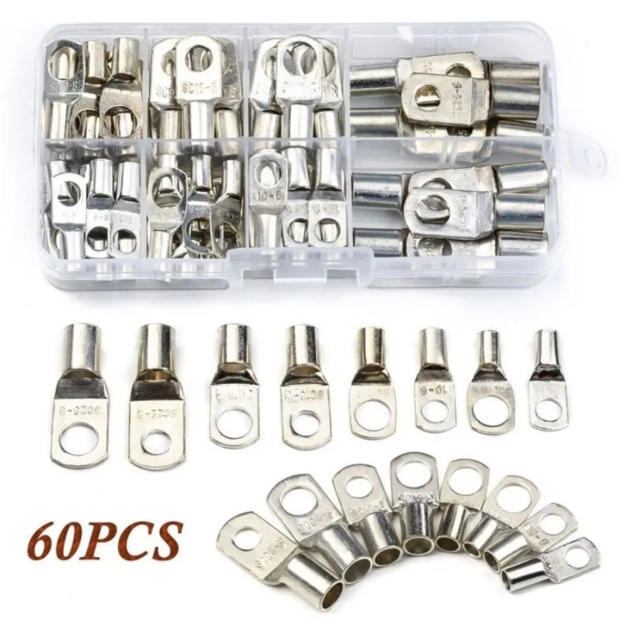 60pcs Wire Lug Connector Ring SC6-25 Copper Connectors Bare Cable Electric Crimp Terminal Connector with Cable Diameter and Screw Hole Diameter Wire Splice Connectors Kit Crimping Terminals