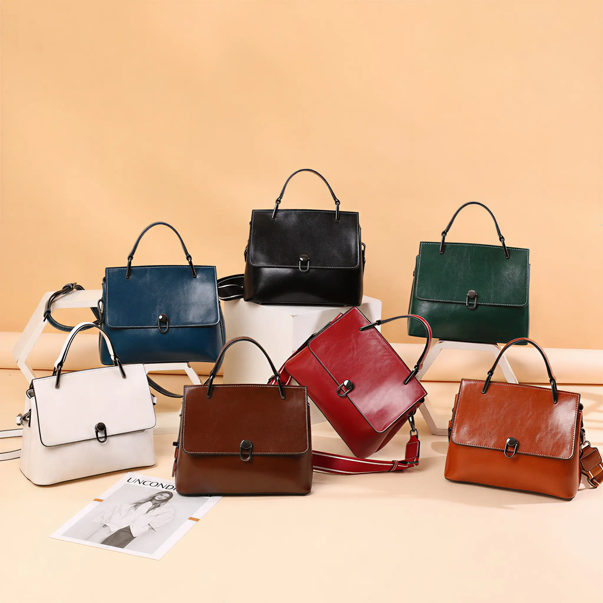 Women's Leather Shoulder Bag, Fixed Handle and Detachable Wide Strap, Multi-Layered Magnetic and Zip Design, Suitable for Business Casual Wear, Fashion Bags, Fashionable Leather Bags