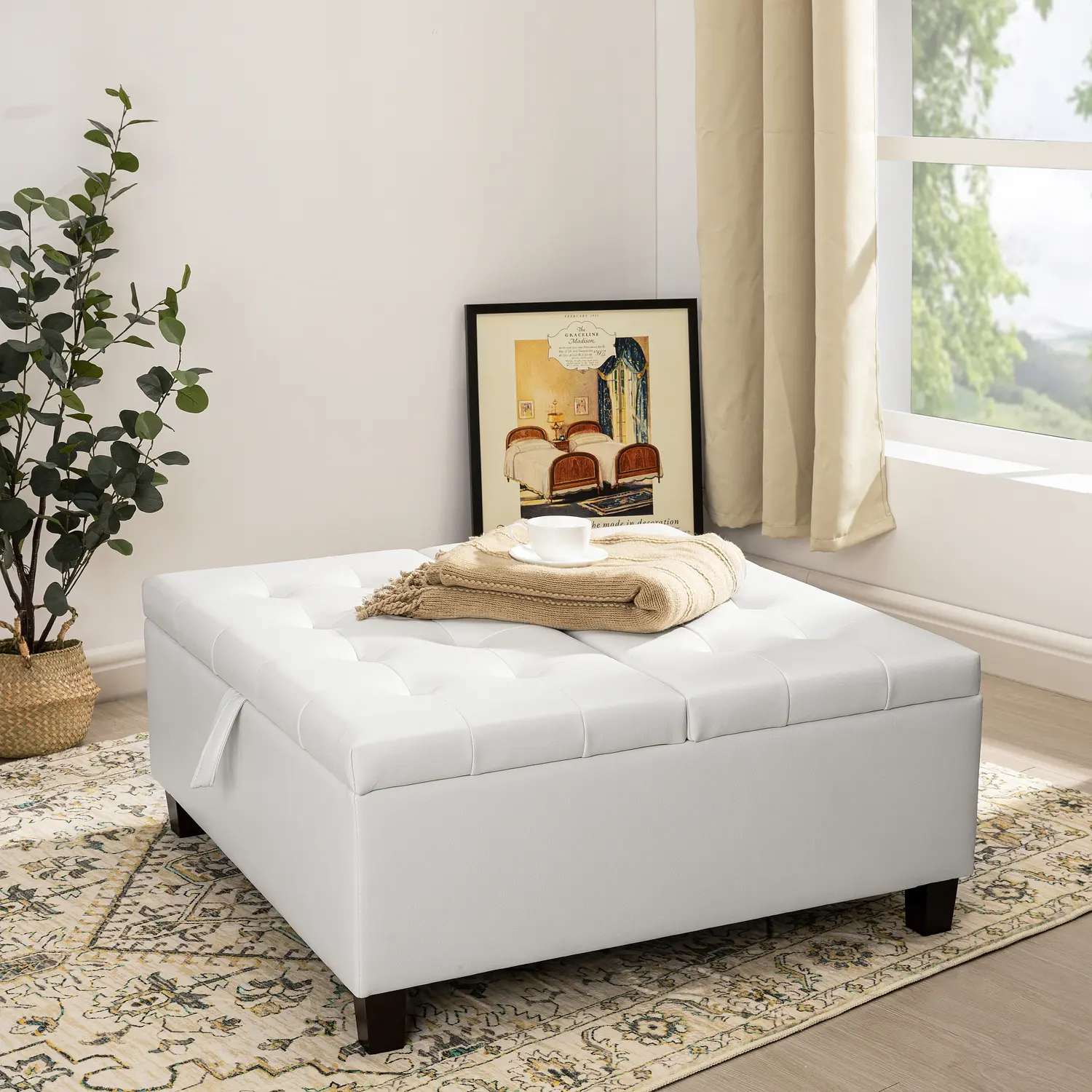 Oversized Square Tufted Soft Leather Ottoman Coffee Table - Lift-Top Ergonomic Upholstered Stool, Clever Space-Saving Storage Furniture for Living Room Decor & Seating Organization
