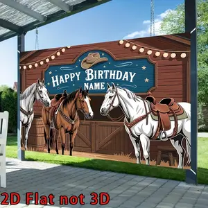 1PC,2D Flat Custom Western Cowboy Stable Theme Birthday Backdrop, Outdoor Party Decor Banner, Personalized Name, Equestrian Themed Party Photo Background for Kids & Adults