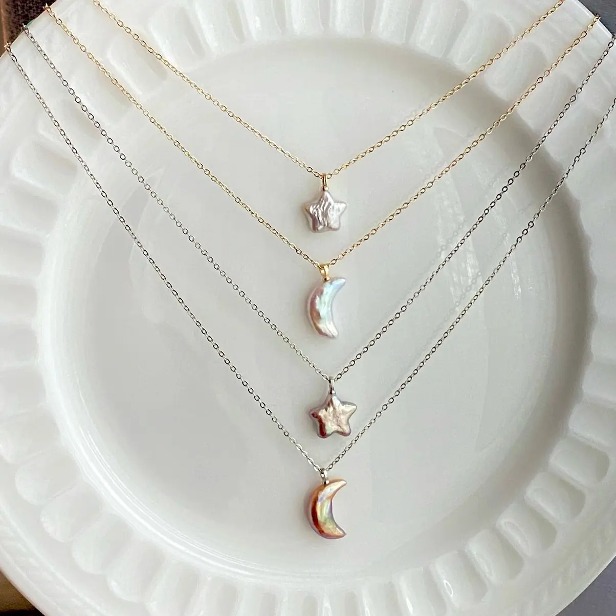 Handmade Minimalist Baroque Pearl Necklace | Star of David Necklace/ moon pearl necklace /star pearl necklace oriental  pearl