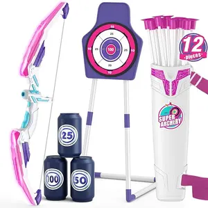 Bow and Arrow for Kids 4+, LED Light Up Archery Set with 12 Suction Cup Arrows, 1 Standing Target, 3 Score Targets&1 Quiver, Indoor Outdoor Sport for Boys Girls Ages 8-12, Purple Adhesion