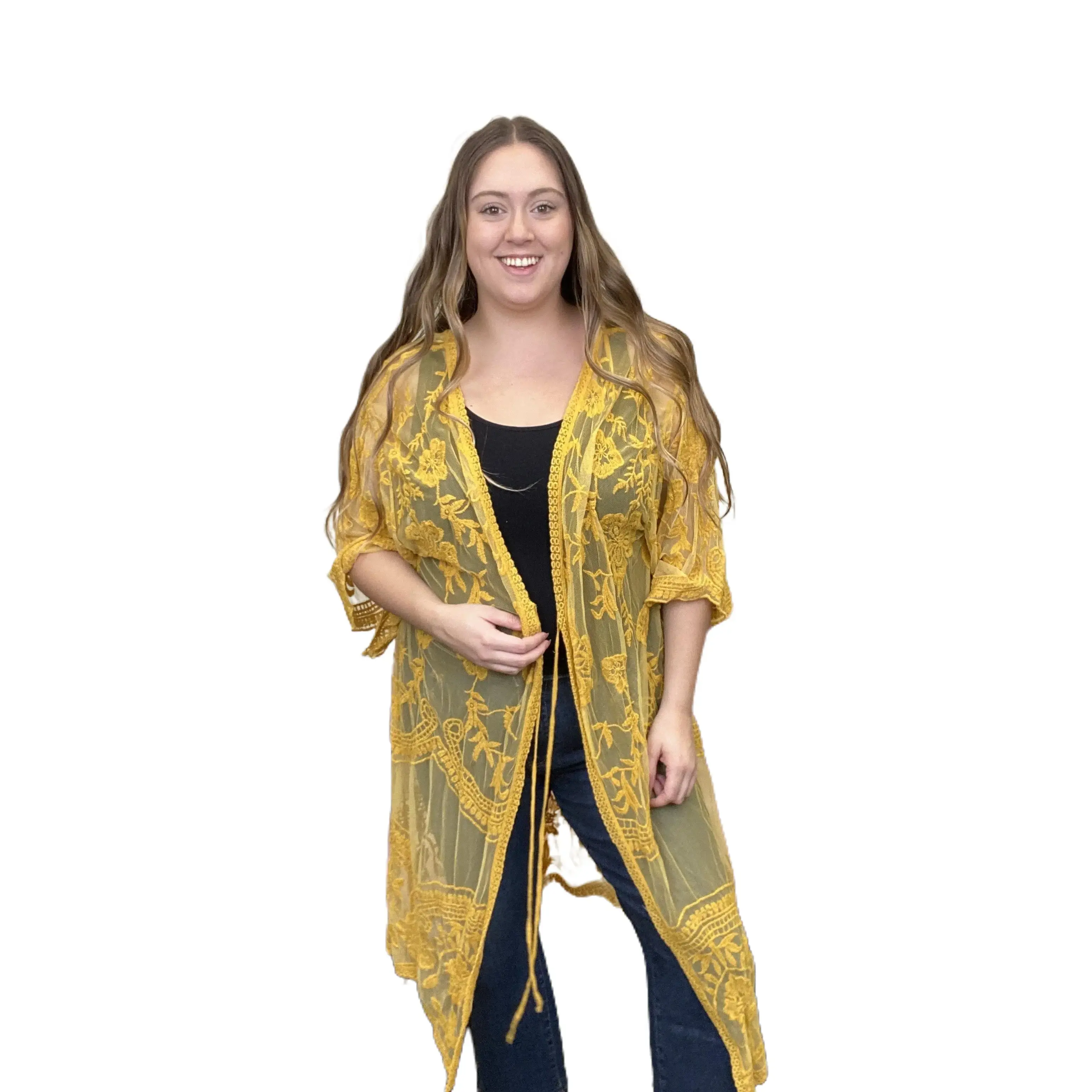 Women's Boho Baroque Sheer Lace Longline Crochet Kimono Cardigan - Nylon-Cotton Fabric, 3/4 Sleeve, Open Front, Drawstring Tie, Flattering Fit, Plus Size, All Seasons, Drapes Well, Workwear Uniforms