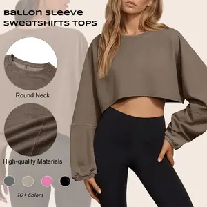 Imily Bela Womens Long Ballon Sleeve Sweatshirts Tops Cropped Crew Neck Loose Fit Casual Workout Shirts