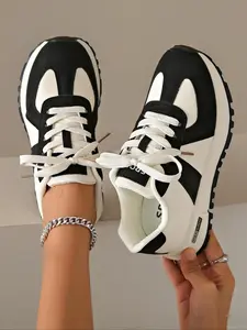 Women's Fashion Colorblock Lace Up Low Top Sneakers, Casual Comfortable Sports Running Shoes, All-match Round Toe Chunky Sneakers for Daily Wear, Sporty Running Shoes（gift）