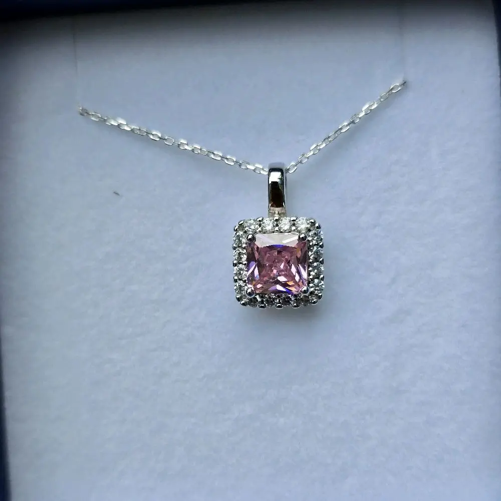 Sterling Silver Pink Necklace Set – Princess Cut & Pear Halo Pendants on 925 Chains – Gift Ready