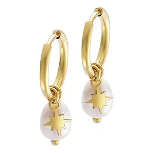 Stately Steel Star Faux Pearl Charm Hoop Earrings